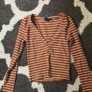 Fitted Orange and Cream Ribbed V-Neck Long Sleeve Blouse